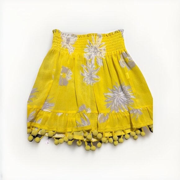 Ramy Brook Stevie Yellow Floral Smocked Mini Skirt Pom Pom Swim Cover-Up Size XS - Picture 4 of 6